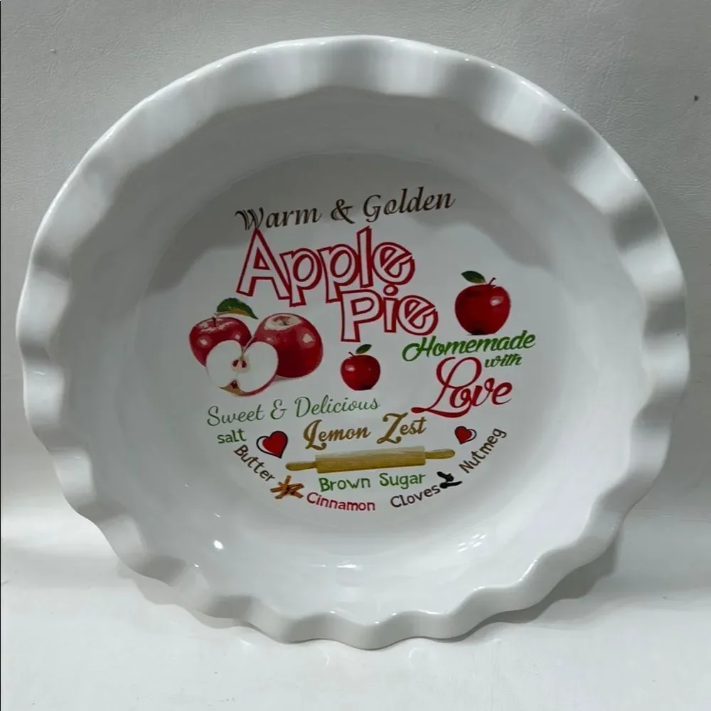 Apple Pie Ceramic Recipe Baking Dish 10 In Round 1 1/2 In Tall Homemade Love